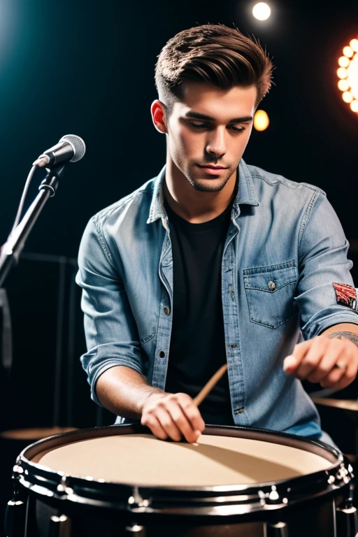 handsome male like a american, 22 years old wearing a casual clothes playing a drums highlights with Men Wedding Ring detailed, with tatto in right arm, innocent face, natural brushed up hair, hazel eyes, Handsome 1 people, 1 people handsome, Casual clothes, A hyper-realistic, playing drums expression, on a stage praying with a young people hiquality, Friends group, Nikon, Canon, Fujifilm, HD, 4K, 8k 