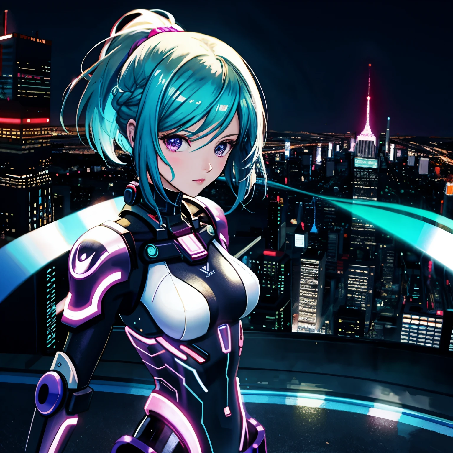 Very detailed,High resolution,4K,8k,masterpiece,High resolution,Late Night,Vibrant neon glow,A ninja looking down on the city from the rooftop of a building,A cyberpunk cityscape spreads out below