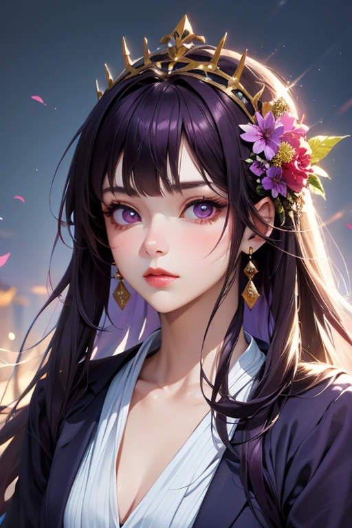 (masterpiece, highest quality), Intricate details, beautiful girl, Purple Hair, Blunt bangs, Light purple eyes, Sharp jawline, Cascading Flower Fairy Queen's Crown, Long Hair, lips, Upper Body, Grin