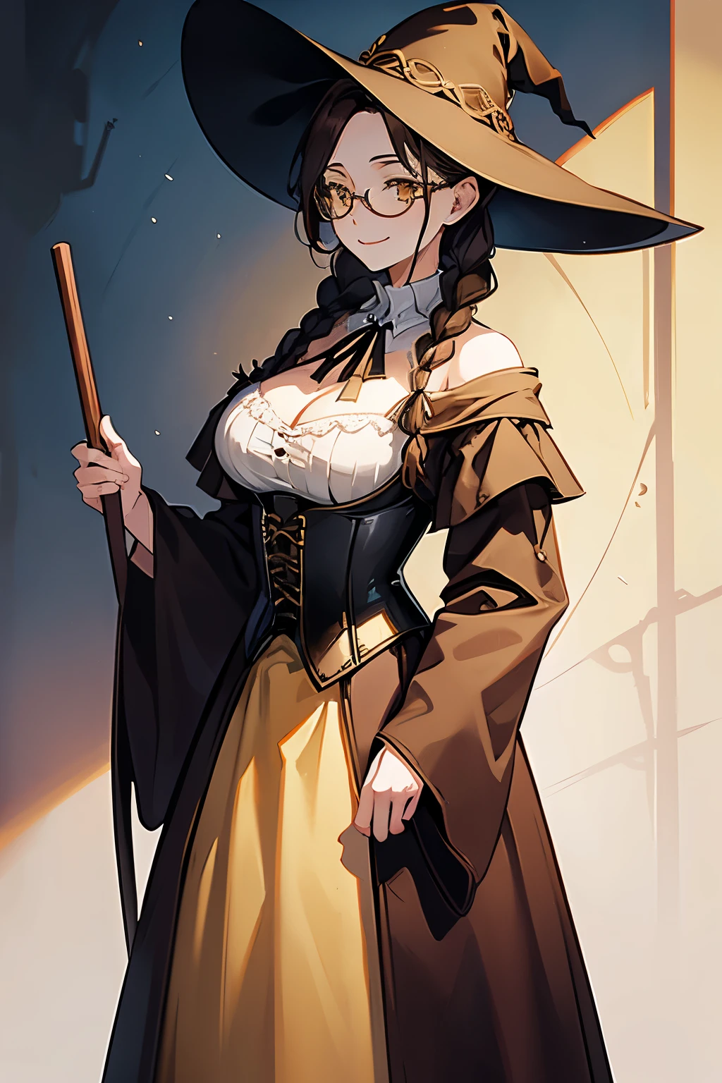 1girl, mature female, milf, witch, brown hair, braided ponytail over shoulder, yellow eyes, circle glasses, wide brimmed witch hat, long brown dress, corset, bodice, dark brown cloak, holding wooden staff, smile, standing inside medieval cottage, 8k, masterpiece