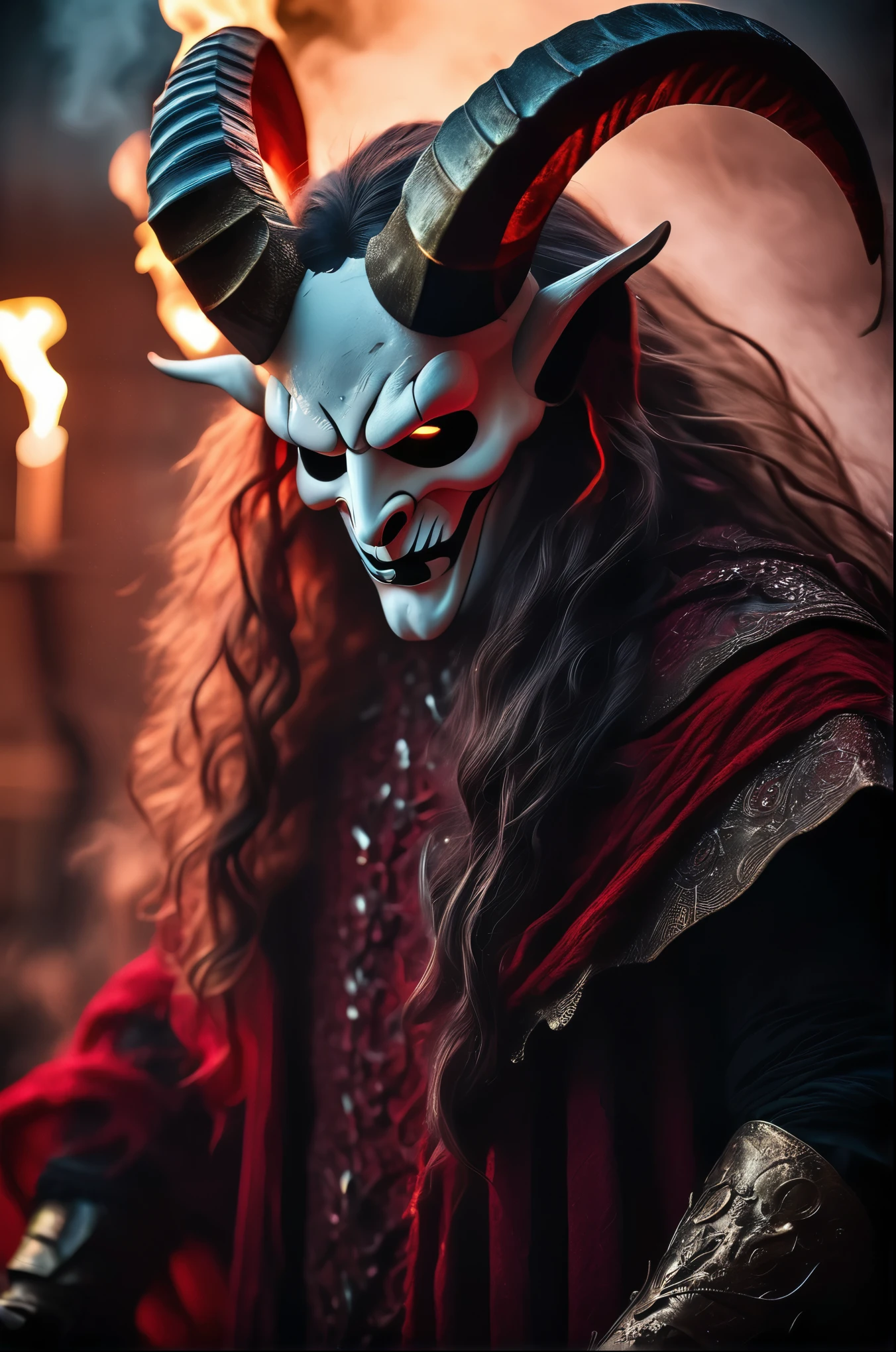 Horror-themed cinematic film still,a horrifying red-skinned male demon king, (((wearing a scary white mask))),(full body portrait:1.3), (detailed scaly skin texture:1.2), (((ram curved horns))), (in hell, swirling tormented souls, billowing smoke:1.5), long wavy red hair, (((slavic black full clothes))), medieval scarf, monster claws,, shallow depth of field, vignette, highly detailed, high budget, bokeh, cinemascope, moody, epic, gorgeous, film grain, grainy . Eerie, unsettling, dark, spooky, suspenseful, grim, highly detailed