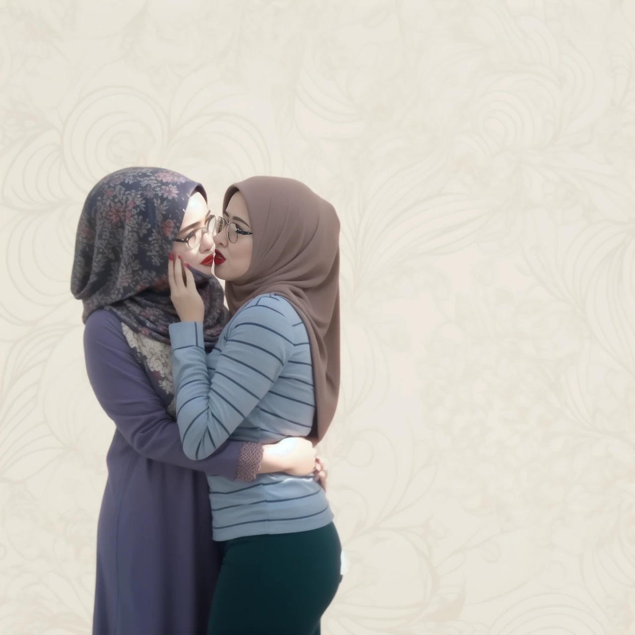 Bugil 2woman,45 years Old, Hijab Indonesian mature woman, Big : 12.9, doctor suit,curvy body, full body, sharing lustful kiss, hug and groping bteas, professional shot, at doctor office.