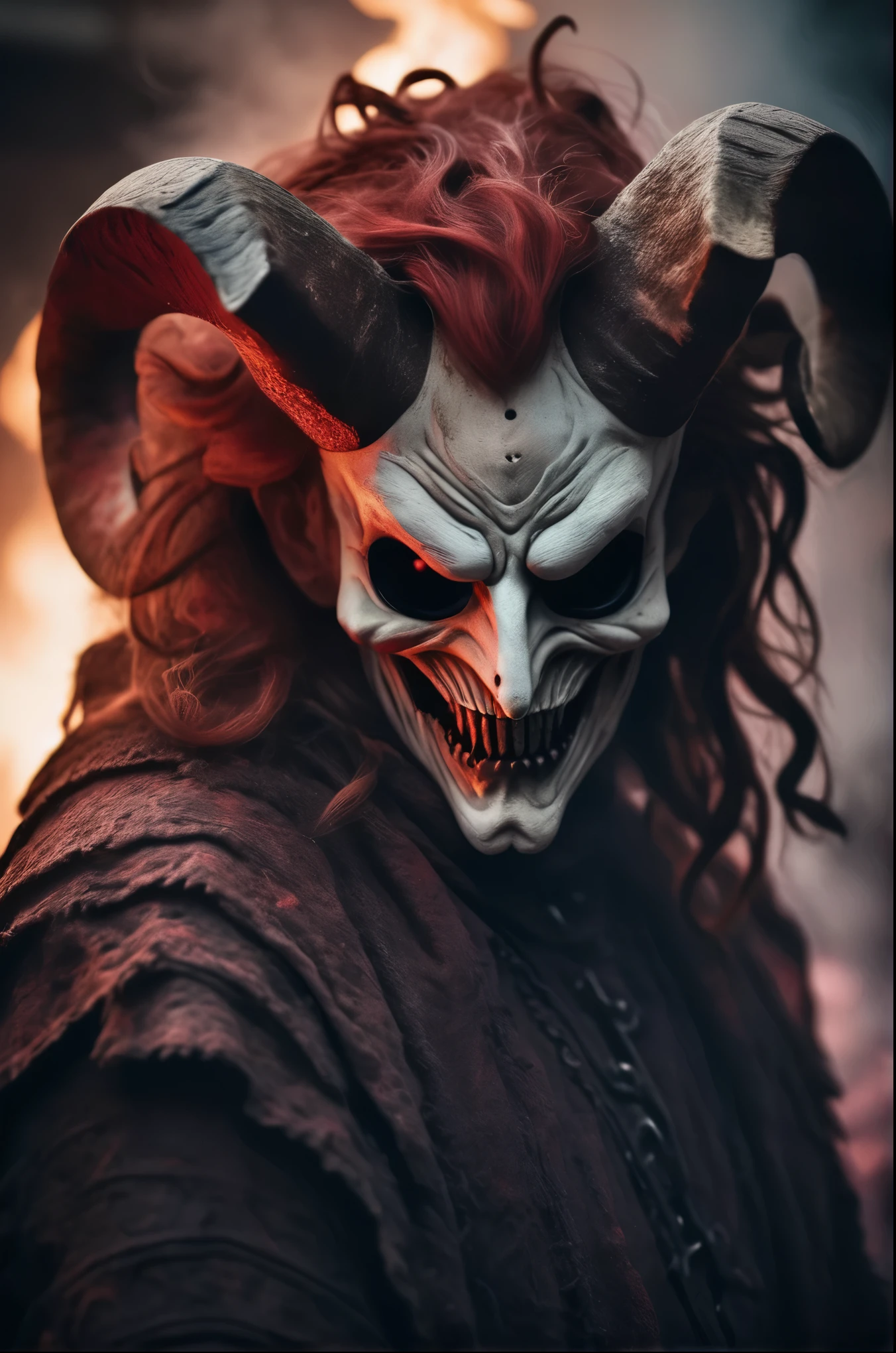 Horror-themed cinematic film still,a horrifying red-skinned male demon king, (((wearing a scary white mask))),(full body portrait:1.3), (detailed scaly skin texture:1.2), (((ram curved horns))), (in hell, swirling tormented souls, billowing smoke:1.5), long wavy red hair, (((slavic black full clothes))), medieval scarf, monster claws,, shallow depth of field, vignette, highly detailed, high budget, bokeh, cinemascope, moody, epic, gorgeous, film grain, grainy . Eerie, unsettling, dark, spooky, suspenseful, grim, highly detailed