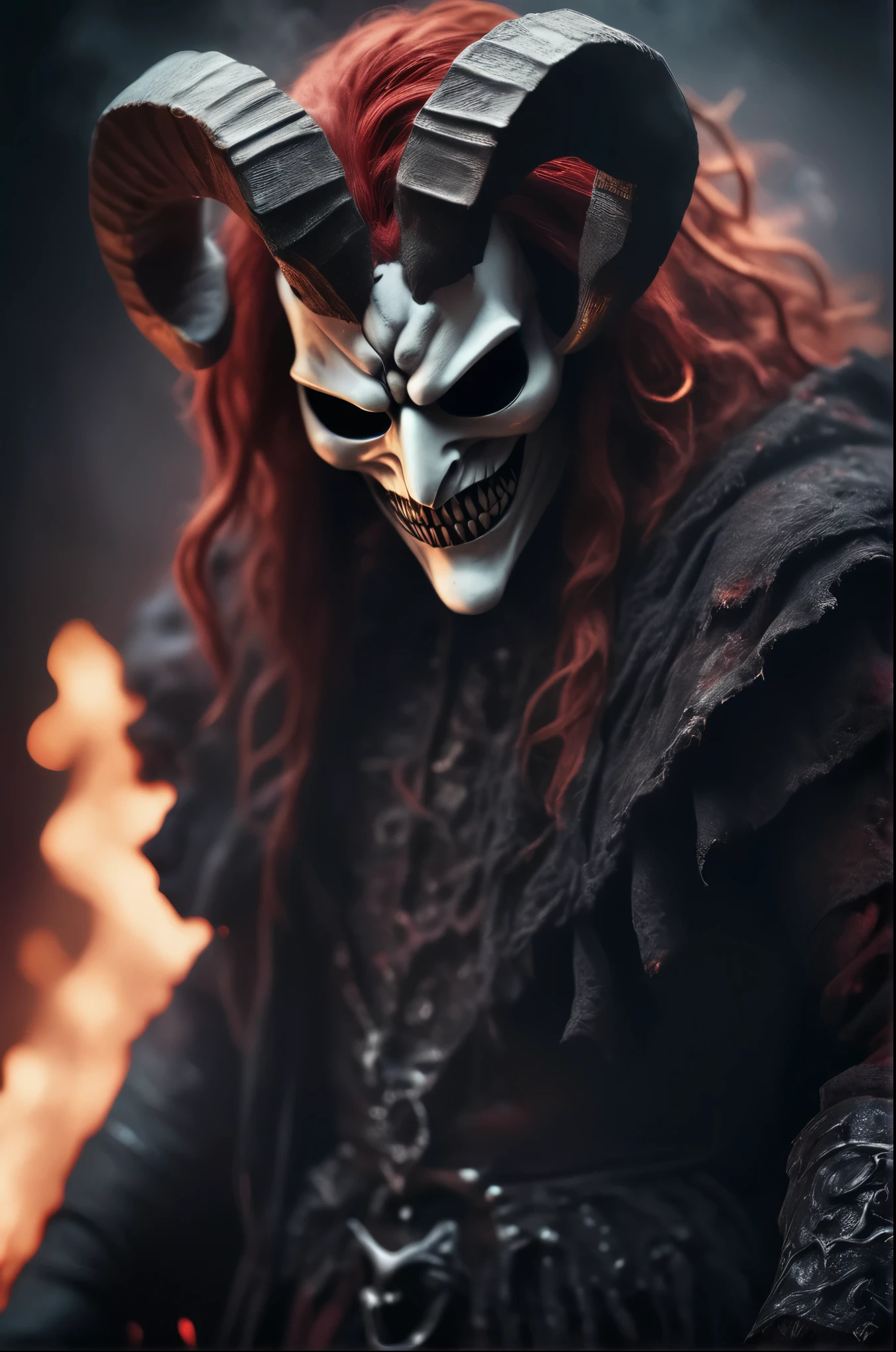 Horror-themed cinematic film still,a horrifying red-skinned male demon king, (((wearing a scary white mask))),(full body portrait:1.3), (detailed scaly skin texture:1.2), (((ram curved horns))), (in hell, swirling tormented souls, billowing smoke:1.5), long wavy red hair, (((slavic black full clothes))), medieval scarf, monster claws,, shallow depth of field, vignette, highly detailed, high budget, bokeh, cinemascope, moody, epic, gorgeous, film grain, grainy . Eerie, unsettling, dark, spooky, suspenseful, grim, highly detailed