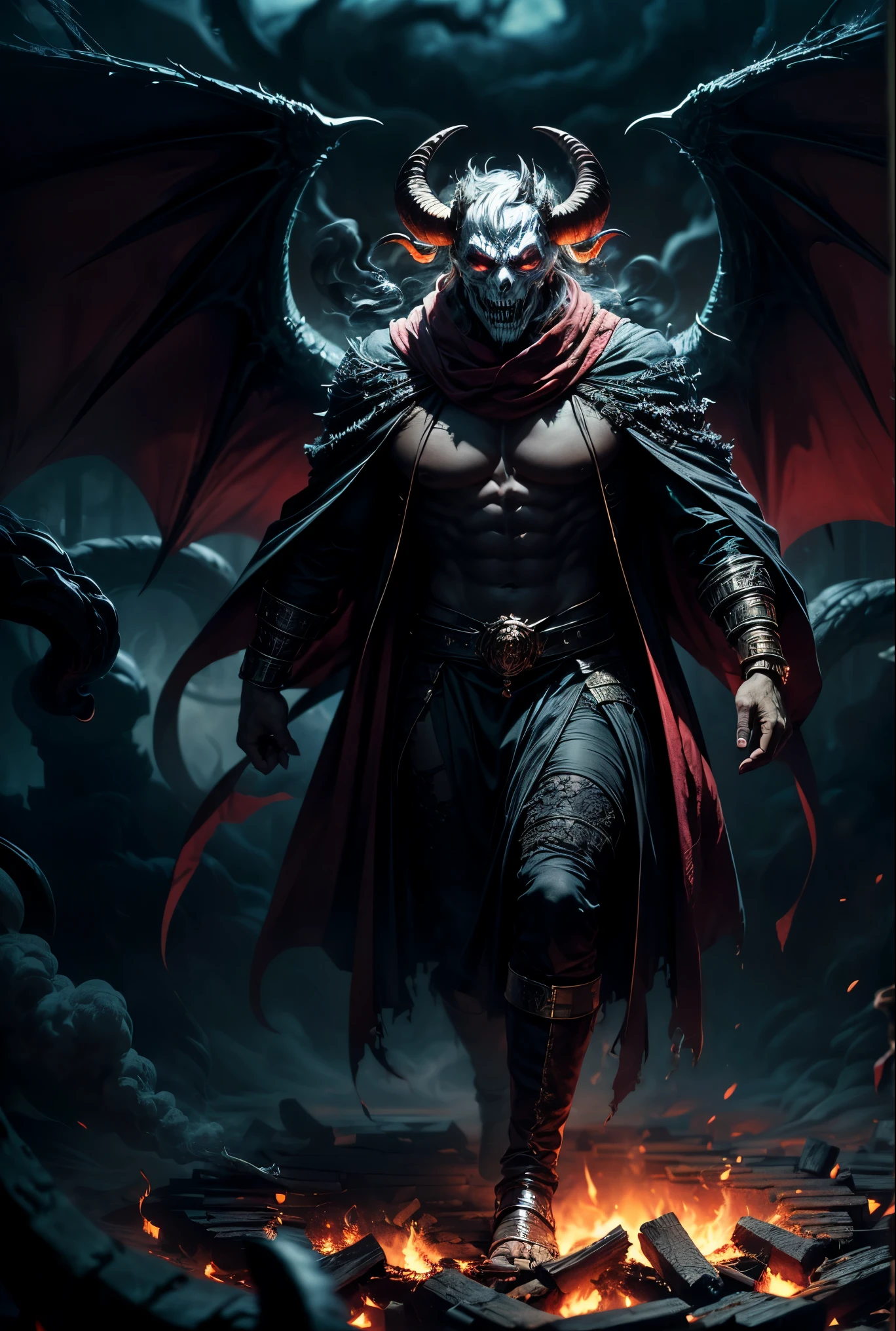 Horror-themed cinematic film still,a horrifying red-skinned male demon king, (((wearing a scary white mask))),(full body portrait:1.3), (detailed scaly skin texture:1.2), (((ram curved horns))), (in hell, swirling tormented souls, billowing smoke:1.5), long wavy red hair, (((slavic black full clothes))), medieval scarf, monster claws,, shallow depth of field, vignette, highly detailed, high budget, bokeh, cinemascope, moody, epic, gorgeous, film grain, grainy . Eerie, unsettling, dark, spooky, suspenseful, grim, highly detailed