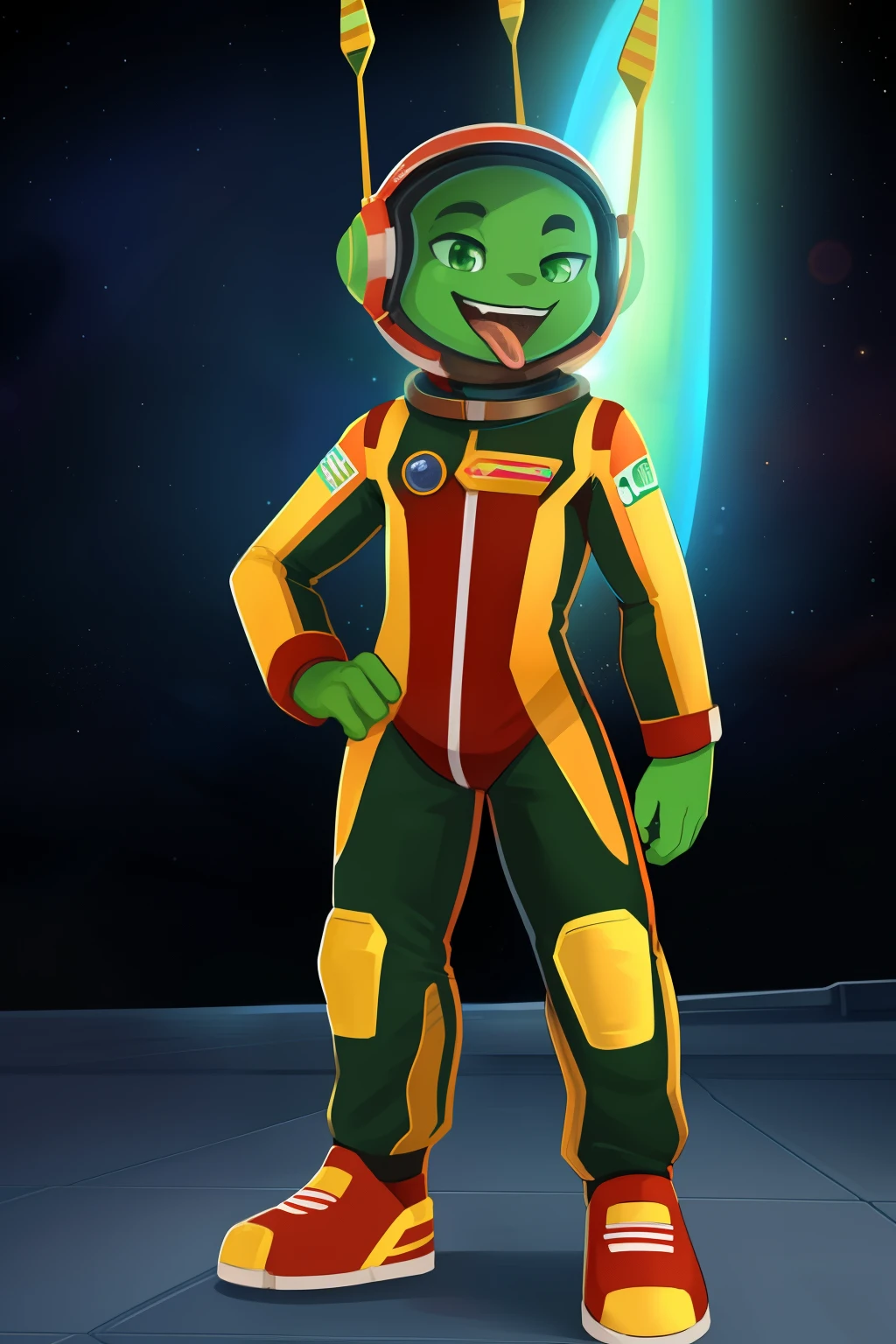Solo, Male, Martian, standing, extraterrestrial, spaceship, big mac, fast food, red skin, antenna, green eyes, spacesuit, helmet, yellow stripes on suit, bold mouth, exuberant, grinning ear to ear, casually eating burger and fries, slightly awkward posture, space shoes on concrete ground, by SpaceDiner, by AlienMunchie, by CosmicGourmet, by MarsMunch, by MartianMunchies, uploaded on deviantART, (detailed Martian, (detailed spacesuit), (detailed green skin), (detailed mouth), (detailed antenna), (sharp focus), (