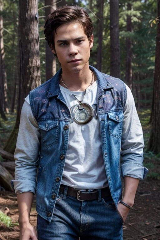 Dylan O'Brien, Stiles Stilinski, Teen Wolf, 18 years old, short and messy dark brown hair, honey-colored eyes, purple denim vest with music note print, white shirt with music note print, blue denim jeans with silver belt, open light purple denim jacket, white shirt, fox pendant, white fox print. forest background fox aura around black color