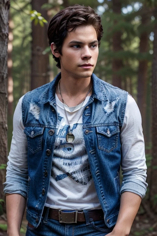 Dylan O'Brien, Stiles Stilinski,  Wolf, 18 years old, short and messy dark brown hair, honey-colored eyes, purple denim vest with music note print, white shirt with music note print, blue denim jeans with silver belt, open light purple denim jacket, white shirt, fox pendant, white fox print. forest background fox aura around black color