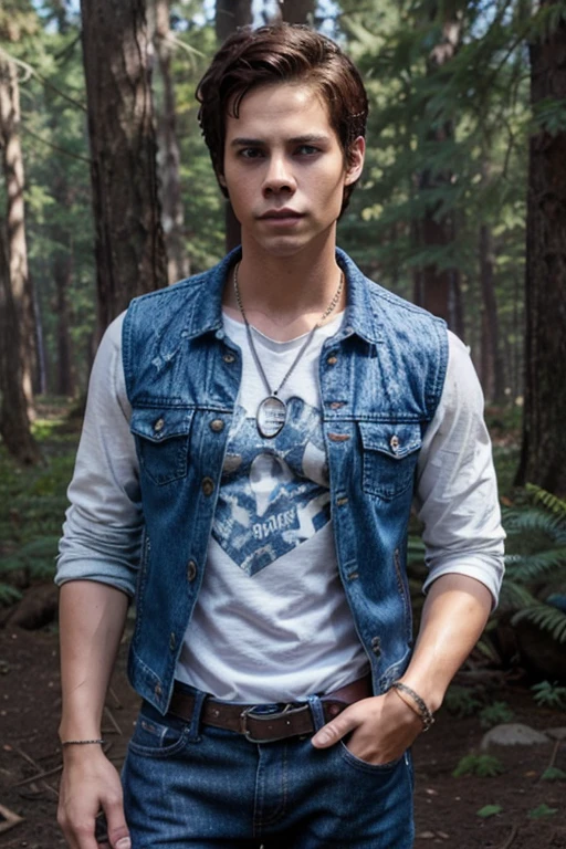 Dylan O'Brien, Stiles Stilinski, Teen Wolf, 18 years old, short and messy dark brown hair, honey-colored eyes, purple denim vest with music note print, white shirt with music note print, blue denim jeans with silver belt, open light purple denim jacket, white shirt, fox pendant, white fox print. forest background fox aura around black color