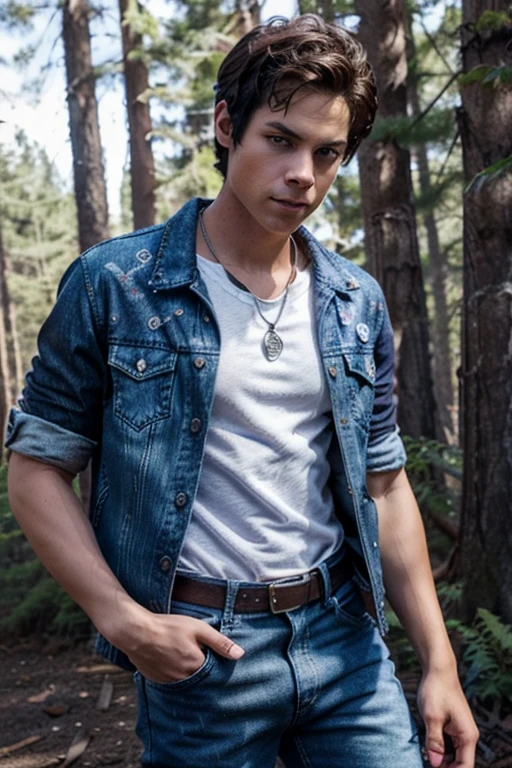 Dylan O'Brien, Stiles Stilinski, Teen Wolf, 18 years old, short and messy dark brown hair, honey-colored eyes, purple denim vest with music note print, white shirt with music note print, blue denim jeans with silver belt, open light purple denim jacket, white shirt, fox pendant, white fox print. forest background fox aura around black color