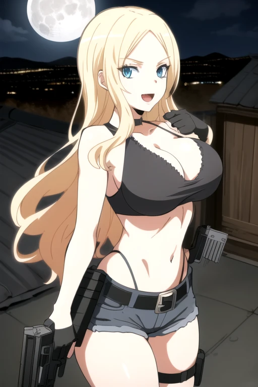 ultra high res, masterpiece, 1girl, solo, IrinaJelaviÄR4, blonde hair, blue eyes, :d, expressive eyes, perfect face, large breast, big breast, small waist, perfect figure, highly detailed, showing cleavage, dressed as Revy, full body portrait, denim shorts, belt gun holster, black spandex top, black boots, short shorts, black top, mid section exposed, long_hair, navel, open_mouth, holding aiming two pistols in both hands, aiming the guns at the viewer, smile, solo, (Background: Outdoors, on top of a roof, night time, dark blue sky, moon, city skyline in the surroundings)