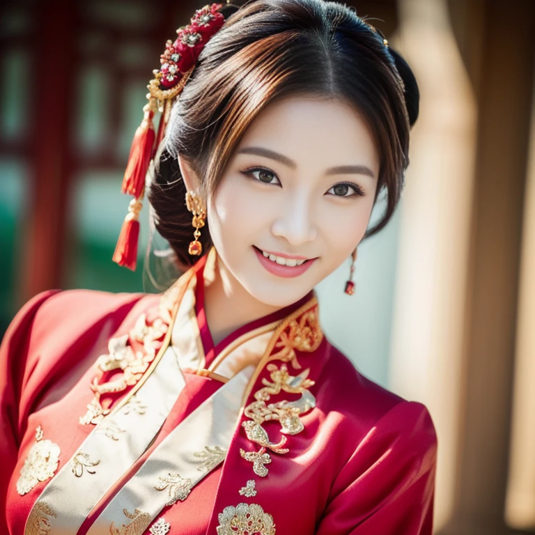 Asian woman in red traditional dress, palace , a girl in Hanfu, Chinese style, traditional chinese, Chinese girl, Chinese woman, traditional beauty, traditional chinese clothing, Chinese princess, with ancient Chinese clothes, สวมChinese dressโบราณ, Hanfu, Chinese dress, Chinese dress, Cheongsam, โมเดลจีนatงดงาม3D, สวยงามrealistic delicate, Masterpiece, Beautiful and detailed, colorful, exquisite details,ริมฝีปากatละเอียด, intricate details, (1 woman:1.1), (a gorgeous beautiful 30 age years old sexy Chinese woman:1.1),(Chinese), (Tie your hair:1.1), (50mm. Sigma F/1.4 ZEISS lenses, f1.4, 1/800, ISO100, photography:1.1), big breast,(realistic:1.1), alone, look_at_viewer, tall woman, ,happy smile, from_front, earring, model, lens flare,(Cheongsamผ้าไหม สีแดงราคาแพง,