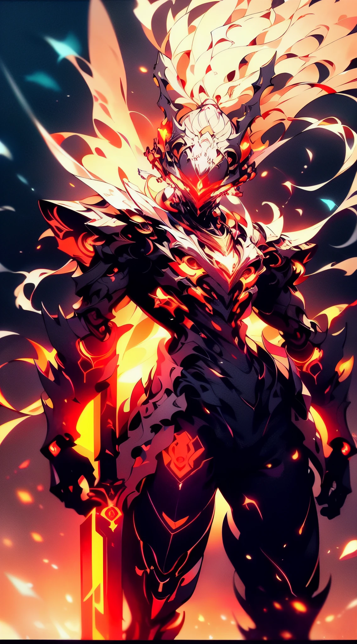 A mech, silver-white long ponytail and waist, V-shaped mechanical helmet, helmet eyes with red light, wearing a black mech suit, white torn cape swaying in the wind, pull out a delicate red glowing sword: 1:1, standing in the flames with huge roaring mechanical heads and robotic arms in the background, lifelike, best picture quality, highest definition and clarity, original, surrealism, high detail, futurism, action painting, chiaroscuro, ray tracing, motion blur, cowboy lens, Battle pose drawing, layering, holographic display, cyberpunk style,