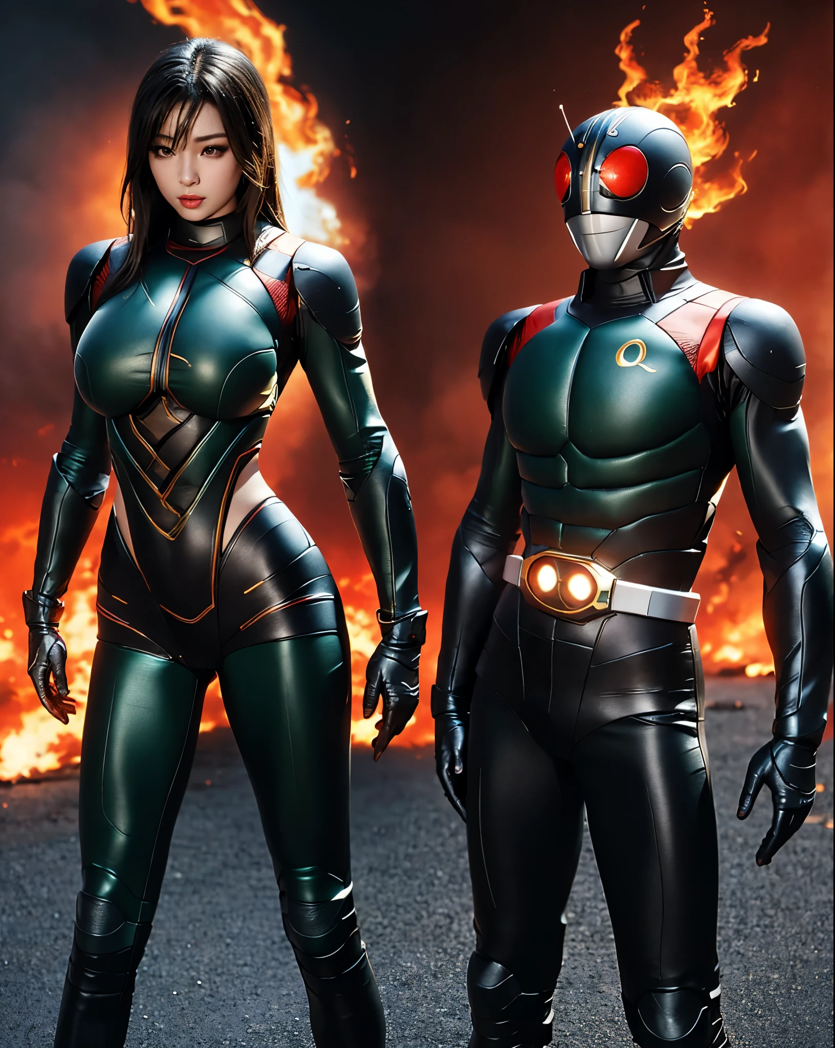 a woman with a sexy body, big breasts, slim waist, wearing tight spandex Kamen Rider black costume, athletic body, big breasts, body curves, big thighs, tight thighs, standing on the side big sports motorbike, fire explosion background, cinematic shooting,