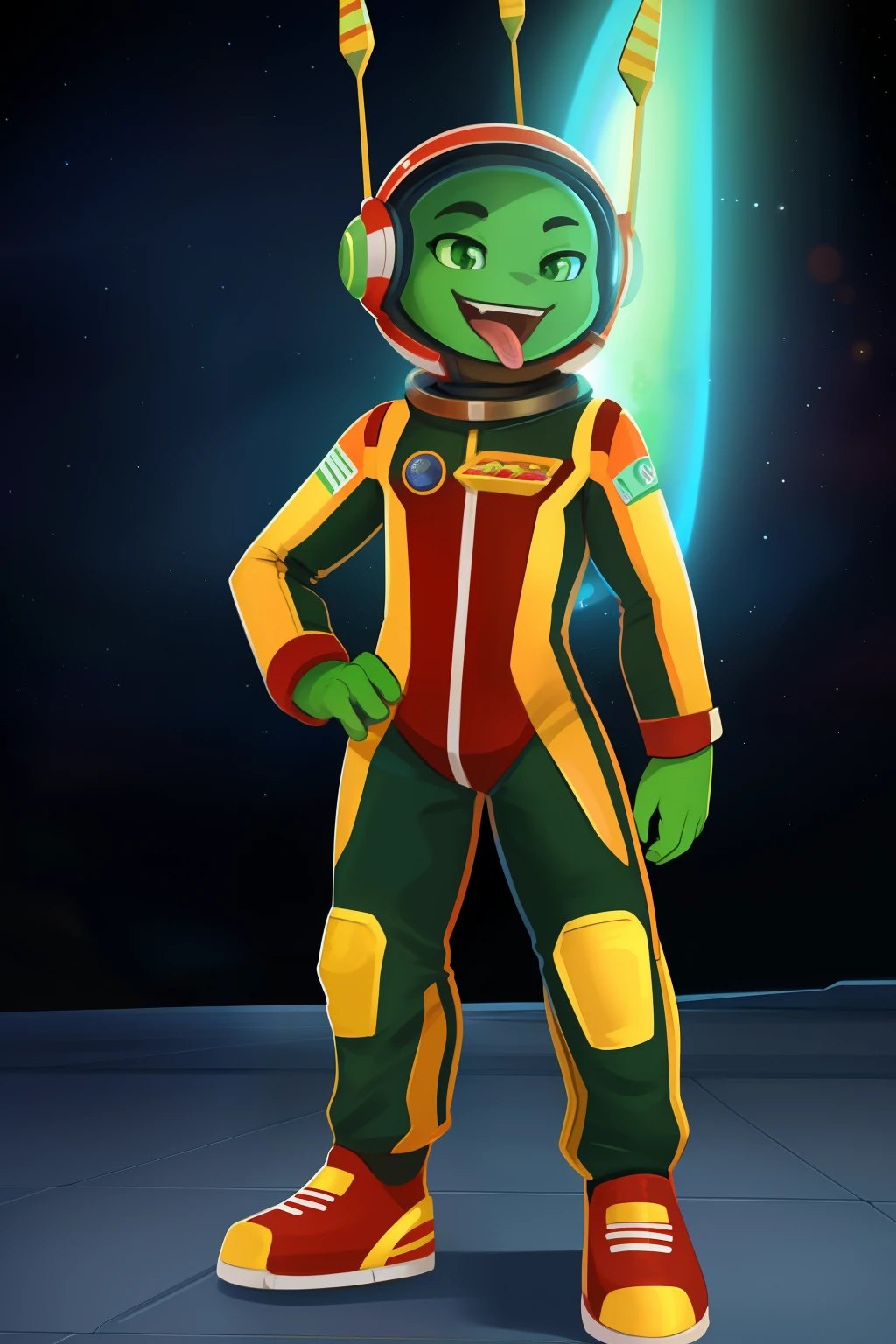 Solo, Male, Martian, standing, extraterrestrial, spaceship, big mac, fast food, red skin, antenna, green eyes, spacesuit, helmet, yellow stripes on suit, bold mouth, exuberant, grinning ear to ear, casually eating burger and fries, slightly awkward posture, space shoes on concrete ground, by SpaceDiner, by AlienMunchie, by CosmicGourmet, by MarsMunch, by MartianMunchies, uploaded on deviantART, (detailed Martian, (detailed spacesuit), (detailed green skin), (detailed mouth), (detailed antenna), (sharp focus), (