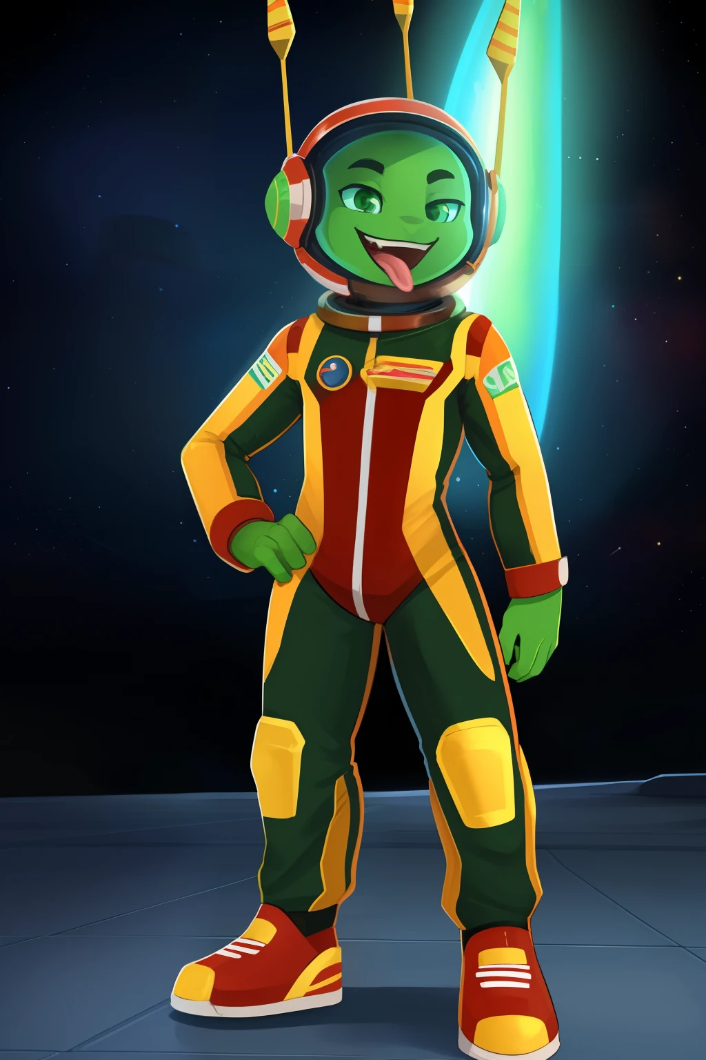 Solo, Male, Martian, standing, extraterrestrial, spaceship, big mac, fast food, red skin, antenna, green eyes, spacesuit, helmet, yellow stripes on suit, bold mouth, exuberant, grinning ear to ear, casually eating burger and fries, slightly awkward posture, space shoes on concrete ground, by SpaceDiner, by AlienMunchie, by CosmicGourmet, by MarsMunch, by MartianMunchies, uploaded on deviantART, (detailed Martian, (detailed spacesuit), (detailed green skin), (detailed mouth), (detailed antenna), (sharp focus), (