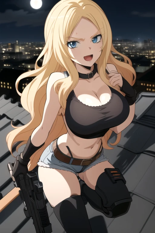 ultra high res, masterpiece, 1girl, solo, IrinaJelaviÄR4, blonde hair, blue eyes, :d, expressive eyes, perfect face, large breast, big breast, small waist, perfect figure, highly detailed, showing cleavage, dressed as Revy, full body portrait, denim shorts, belt gun holster, black spandex top, black boots, short shorts, black top, mid section exposed, long_hair, navel, open_mouth, holding aiming two pistols in both hands, aiming the guns at the viewer, smile, solo, (Background: Outdoors, on top of a roof, night time, dark blue sky, moon, city skyline in the surroundings)
