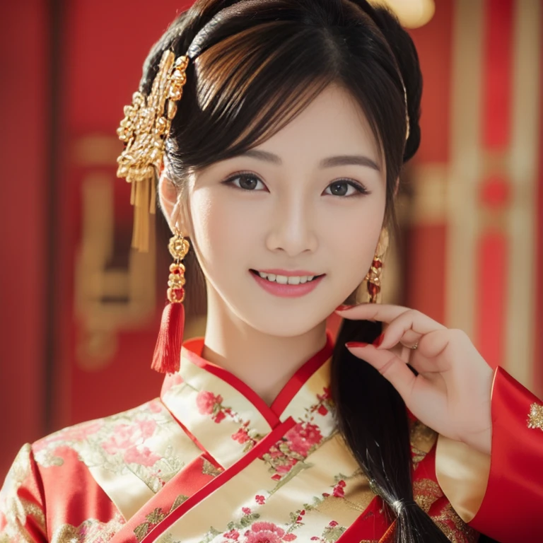 Asian woman in red traditional dress, palace , a girl in Hanfu, Chinese style, traditional chinese, Chinese girl, Chinese woman, traditional beauty, traditional chinese clothing, Chinese princess, with ancient Chinese clothes, สวมChinese dressโบราณ, Hanfu, Chinese dress, Chinese dress, Cheongsam, โมเดลจีนatงดงาม3D, สวยงามrealistic delicate, Masterpiece, Beautiful and detailed, colorful, exquisite details,ริมฝีปากatละเอียด, intricate details, (1 woman:1.1), (a gorgeous beautiful 30 age years old sexy Chinese woman:1.1),(Chinese), (Tie your hair:1.1), (50mm. Sigma F/1.4 ZEISS lenses, f1.4, 1/800, ISO100, photography:1.1), big breast,(realistic:1.1), alone, look_at_viewer, tall woman, ,happy smile, from_front, earring, model, lens flare,(Cheongsamผ้าไหม สีแดงราคาแพง,