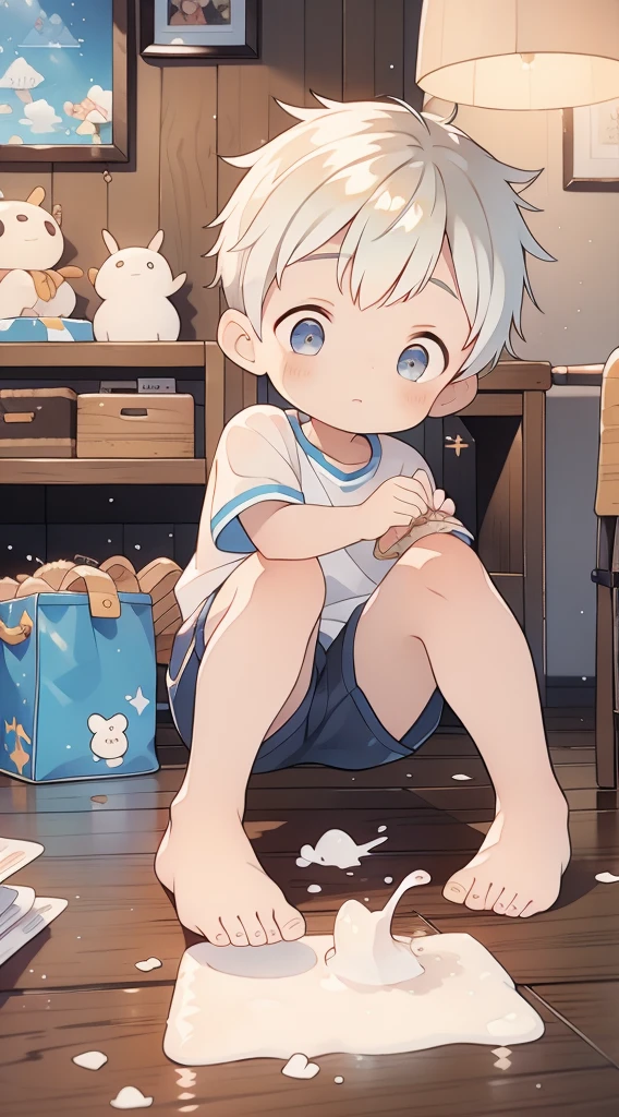 Cute Boy, shota, wearing prince clothes, royalty, royal clothes, ((shota)), short hair, ((boy)), (white hair), grey eyes, ((crouching)), shocked, eating an water based ice cream, ice cream dripping