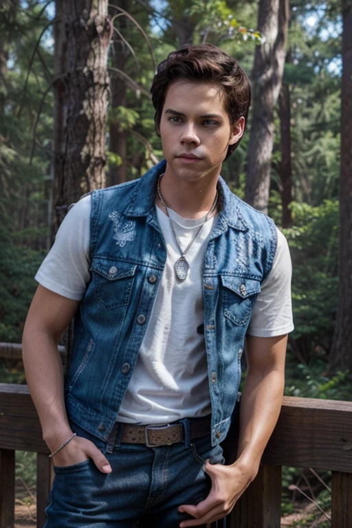 Dylan O'Brien, Stiles Stilinski, Teen Wolf, 18 years old, short and messy dark brown hair, honey-colored eyes, purple denim vest with music note print, white shirt with music note print, blue denim jeans with silver belt, open light purple denim jacket, white shirt, fox pendant, white fox print. forest background fox aura around black color