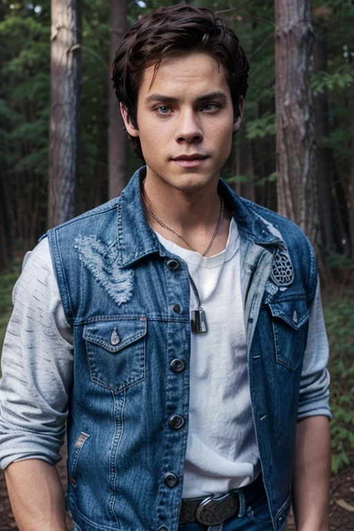 Dylan O'Brien, Stiles Stilinski, Teen Wolf, 18 years old, short and messy dark brown hair, honey-colored eyes, purple denim vest with music note print, white shirt with music note print, blue denim jeans with silver belt, open light purple denim jacket, white shirt, fox pendant, white fox print. forest background fox aura around black color