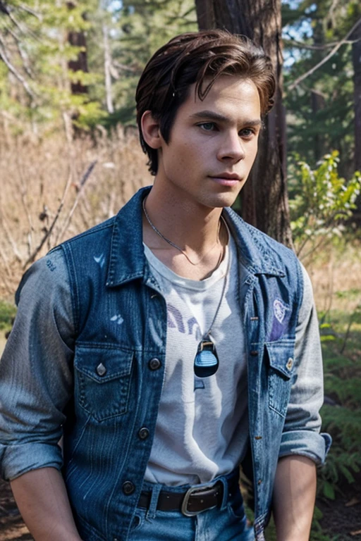 Dylan O'Brien, Stiles Stilinski, Teen Wolf, 18 years old, short and messy dark brown hair, honey-colored eyes, purple denim vest with music note print, white shirt with music note print, blue denim jeans with silver belt, open light purple denim jacket, white shirt, fox pendant, white fox print. forest background fox aura around black color