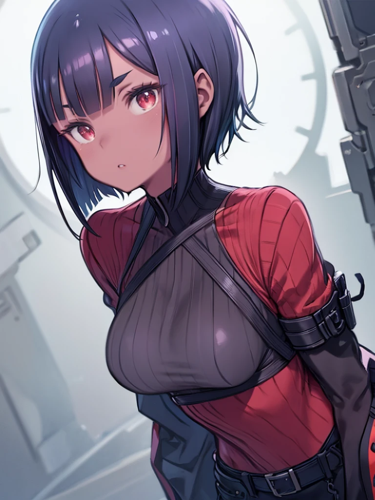 One girl, alone, look, short hair, Black Hair, Blue inner hair, tsurime, Red Hair Clip, Red eyes, Thick eyebrows, Dark Skin, Large Breasts, ((Upper Body)),