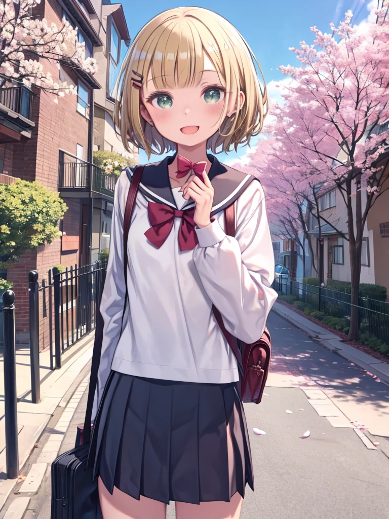 Gal game style, , One girl, skirt, bag, Outdoor, smile, Green Eyes, View Viewer, pleated skirt, hair ornaments, Blonde Hair, Open your mouth, Hair Clip, white Sailor collar, short hair, serafuku, :d, blush, Sailor collar, cherry blossoms, bangs, Long sleeve, Backpack, shirt, Focus Only, black skirt, black shirt, wood, bow, school bag, red bow, petal, Recall, bowtie, road, fence, Day, Are standing, red bowtie, black serafuku