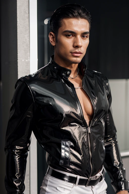 Handsome Latin Man Glamor Modern Fashion Fashion Shiny Stones Rhinestone Black Outfit Metallic Leather Athletic Jacket Sexy Pop Star Chest Black Transparent Metal Silver and White Harness.https://ww