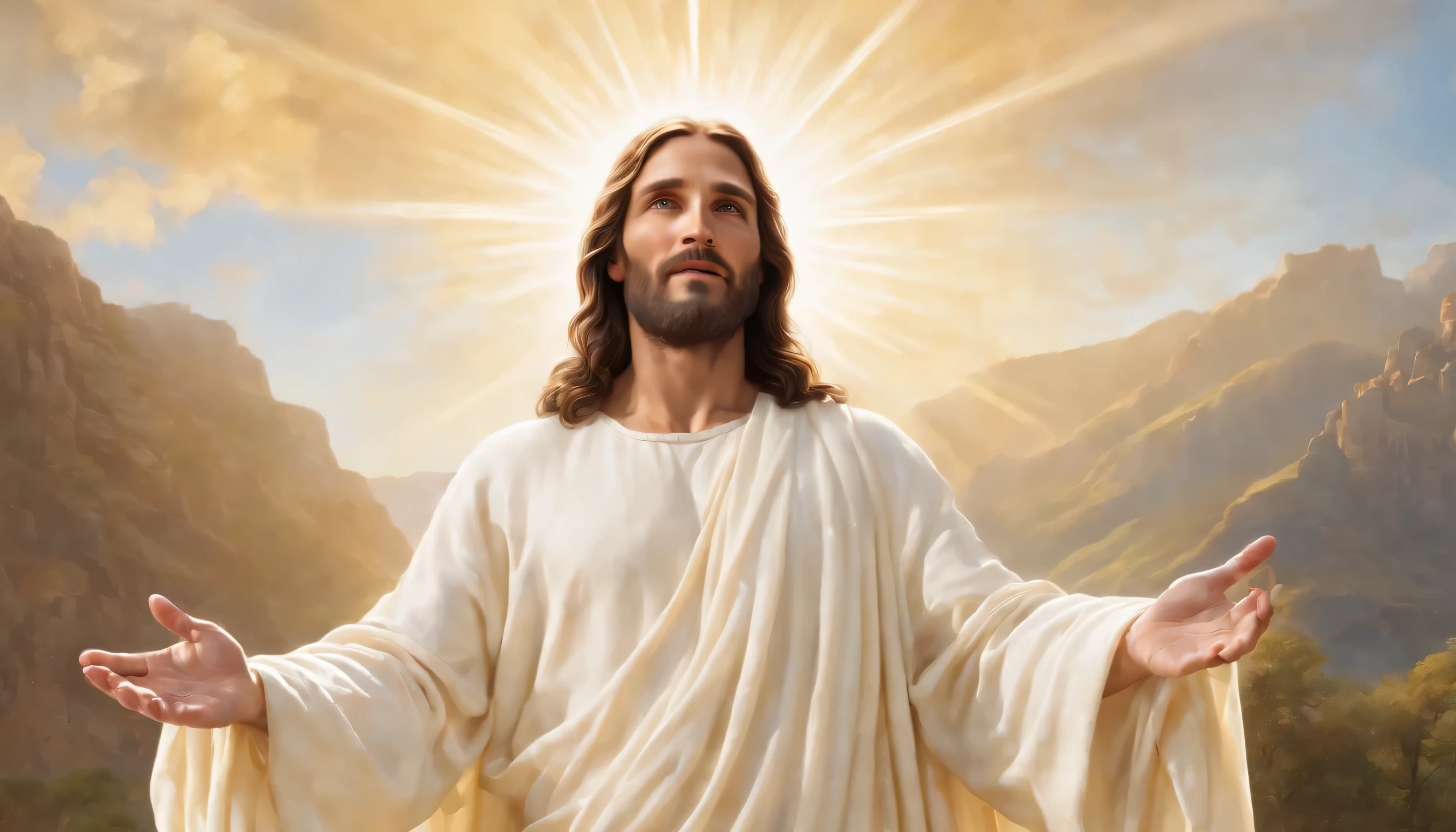 Usando fotorrealismo hiper-realista, render an epic scene of Jesus Christ hovering majestically in the sky with arms completely open in a redemptive gesture. Jesus tem longos cabelos castanhos ondulados e barba arrumada. His blue eyes are serene and full of kindness. He wears a white robe with gold trim that flutters dramatically in the wind.., revealing his bare feet. There is a pulsating, glowing golden aura surrounding the entire body of Jesus.. Abaixo dele existe uma paisagem photorealistica das Montanhas Rochosas, com um pequeno vilarejo entre os picos cobertos de neve. The vibrant blue sky is dotted with white clouds and sunbeams appear to emanate from Jesus' outstretched hands.. Every detail of the scene is rendered with the highest level of realism, from every hair and piece of Jesus' clothing to every stone, tree house and village in the mountains below. The image conveys an epic and divine feeling.