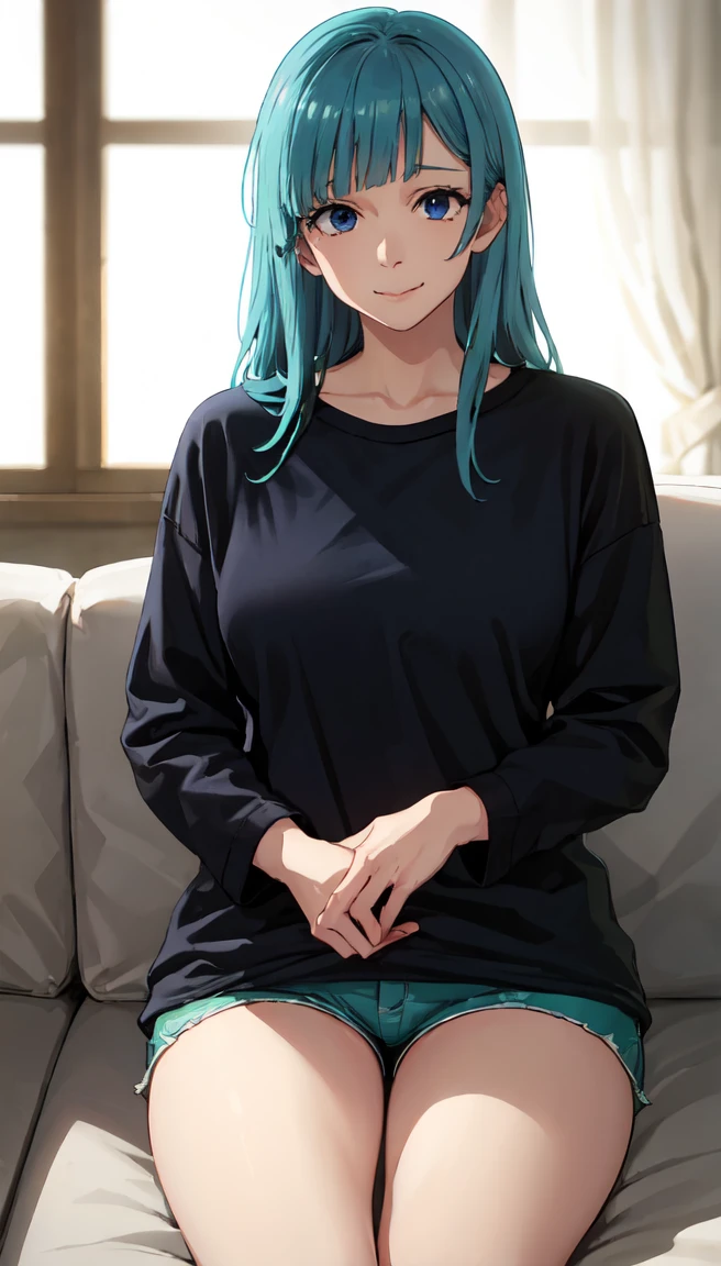 photorealistic, (4k), depth of field, (Masterpiece), (realistic skin texture), extremely detailed, intricate, hyper detailed, professional photography, bokeh, high resolution, sharp detail, best quality, girl, long hair, aqua hair, blunt bangs, blue eyes, dynamic pose, black baggy graphic tshirt, dolfine shorts, booty shorts, beautiful thighs, colarbone, indoors, (facing viewer), looking at viewers, large breasts,kasumi, miwa, kasumi miwa, downblouse, mouth slightly open, smiling, hourglass shape, black shirt, 3\4 body shot, sitting cross legged on couch, legs crossed, hands in lap, hands in between thighs