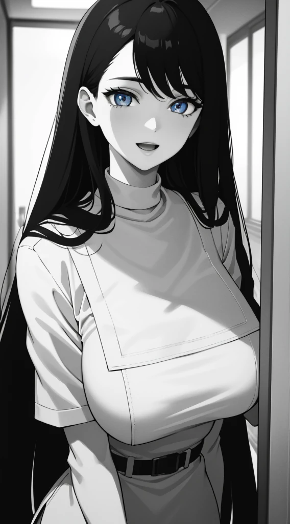 (masterpiece), (best quality), (ultra-detailed), ((girl, 29 years old)), an extremely delicate and beautiful, detailed eyes, minute details, (black hair, long hair, straight hair, hair between eyes), ((big breasts)), smile, open mouth, ((beautiful eyes)), (blue eyes), (upper body), she is wearing a blue dress, (detailed clothes), (detailed background, in a hospital, hospital hallway), (monochrome)