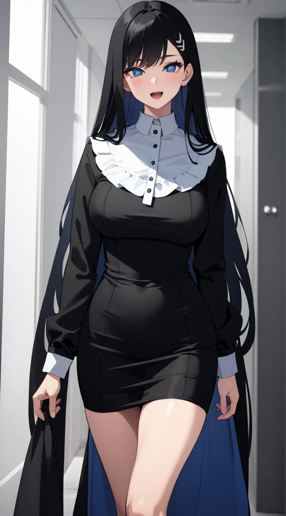 (masterpiece), (best quality), (ultra-detailed), ((girl, 29 years old)), an extremely delicate and beautiful, detailed eyes, minute details, (black hair, long hair, straight hair, hair between eyes), ((big breasts)), smile, open mouth, ((beautiful eyes)), (blue eyes), (upper body), she is wearing a blue dress, (detailed clothes), (detailed background, in a hospital, hospital hallway), (monochrome)