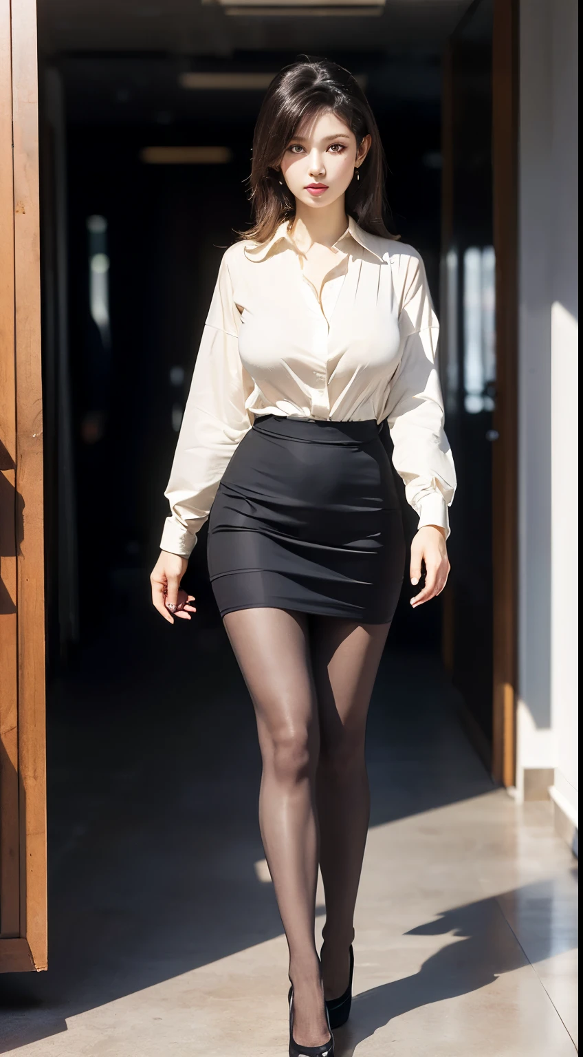 Elegant upper-class elite secretary,Wear a luxurious silk top, Skirts and thighs、27yo、big breasts body 162cm、Take a walk along the hallway、office clothes, (Wear pantyhose,Realistic pantyhose)、working in an office、wearing a strict business suit, Wear high-end heels、 Shirt girl, Wear an elegant shirt, Wear an ultra-thin top, merchant, Shirts and skirts, Wearing a silk shirt, Wear a shirt and skirt, RAW photo, (8K、top-quality、tmasterpiece:1.2)、(intricately details:1.4)、(Photorealsitic:1.4)、octane renderings、Complex 3D Rendering Ultra Detail, Studio soft light, rim lights, vibrant detail, super detailing, realistic skin textures, Detal Face, Beautiful detail eyes, Very detailed CG Unity 16k wallpaper, Make up - up, (detailedbackground:1.2), Bare with thighs!!!,