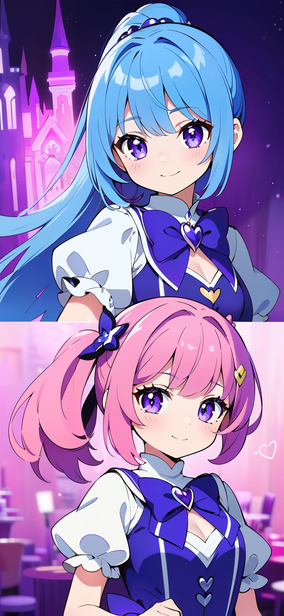 best quality, (masterpiece),(ultra-detailed), (high quality), (high resolution), (2heads:1.5) 1girl, (hot pink hair), (blue hair), ((different hair colors), purple eyes, hair ornaments, magenta armor chest piece, same hair color, teenage girl,((violet magical girl)), magical girl, gentle smile, high school background, high ponytail, white collar
