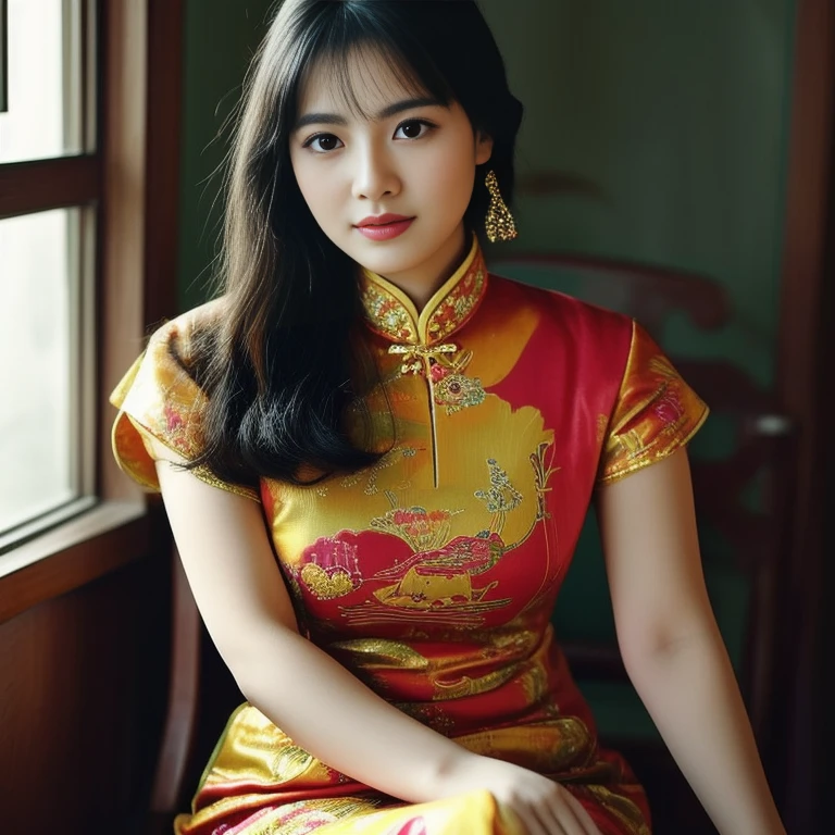 Aarav woman in yellow dress sitting on chair, Cheongsam, Chinese dress, traditional chinese, Chinese style, traditional chinese clothing, Chinese woman, Chinese girl, Chinese dress, Wear beautiful clothes., with ancient Chinese aesthetics, with ancient Chinese clothes, Detailed dress and facial features, Wear a luxurious silk dress., elegant japanese woman, Wear gorgeous clothes., traditional beauty, expensive silk, Beautiful and realistic,