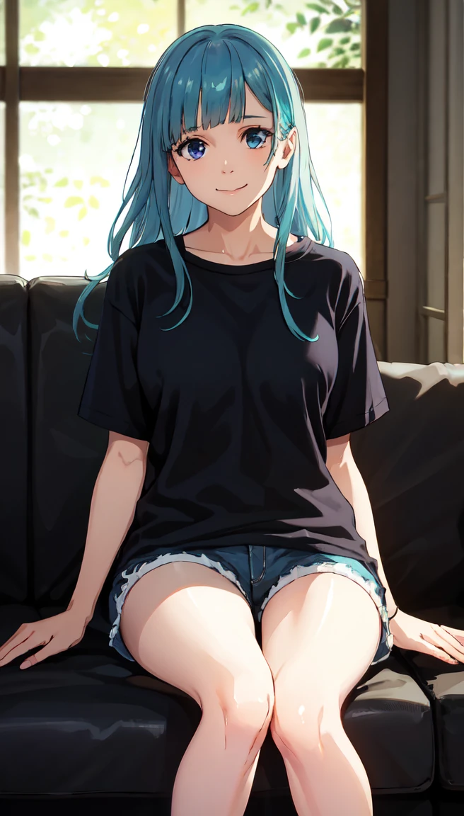 photorealistic, (4k), depth of field, (Masterpiece), (realistic skin texture), extremely detailed, intricate, hyper detailed, professional photography, bokeh, high resolution, sharp detail, best quality, girl, long hair, aqua hair, blunt bangs, blue eyes, dynamic pose, black baggy graphic tshirt, dolfine shorts, booty shorts, beautiful thighs, colarbone, indoors, (facing viewer), looking at viewers, large breasts,kasumi, miwa, kasumi miwa, downblouse, mouth slightly open, smiling, hourglass shape, black shirt, 3\4 body shot, sitting cross legged on couch, legs crossed, hands in lap, hands in between thighs