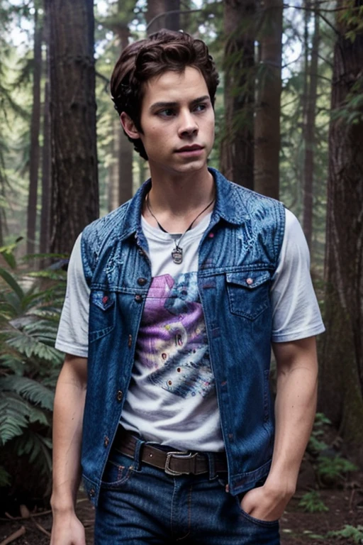 Dylan O'Brien, Stiles Stilinski, Teen Wolf, 18 years old, short messy dark brown hair, honey eyes, purple denim vest with music note print, purple shirt with music note print, blue denim jeans with silver belt , open Light purple denim jacket, purple shirt, fox pendant, white fox print. forest background fox aura around black color