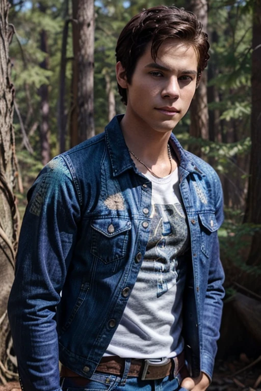 Dylan O'Brien, Stiles Stilinski, Teen Wolf, 18 years old, short messy dark brown hair, honey eyes, purple denim vest with music note print, purple shirt with music note print, blue denim jeans with silver belt , open Light purple denim jacket, purple shirt, fox pendant, white fox print. forest background fox aura around black color