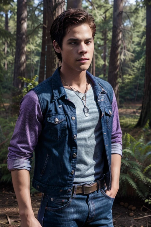 Dylan O'Brien, Stiles Stilinski, Wolf, 18 years old, short messy dark brown hair, honey eyes, purple denim vest with music note print, purple shirt with music note print, blue denim jeans with silver belt , open Light purple denim jacket, purple shirt, fox pendant, white fox print. forest background fox aura around black color