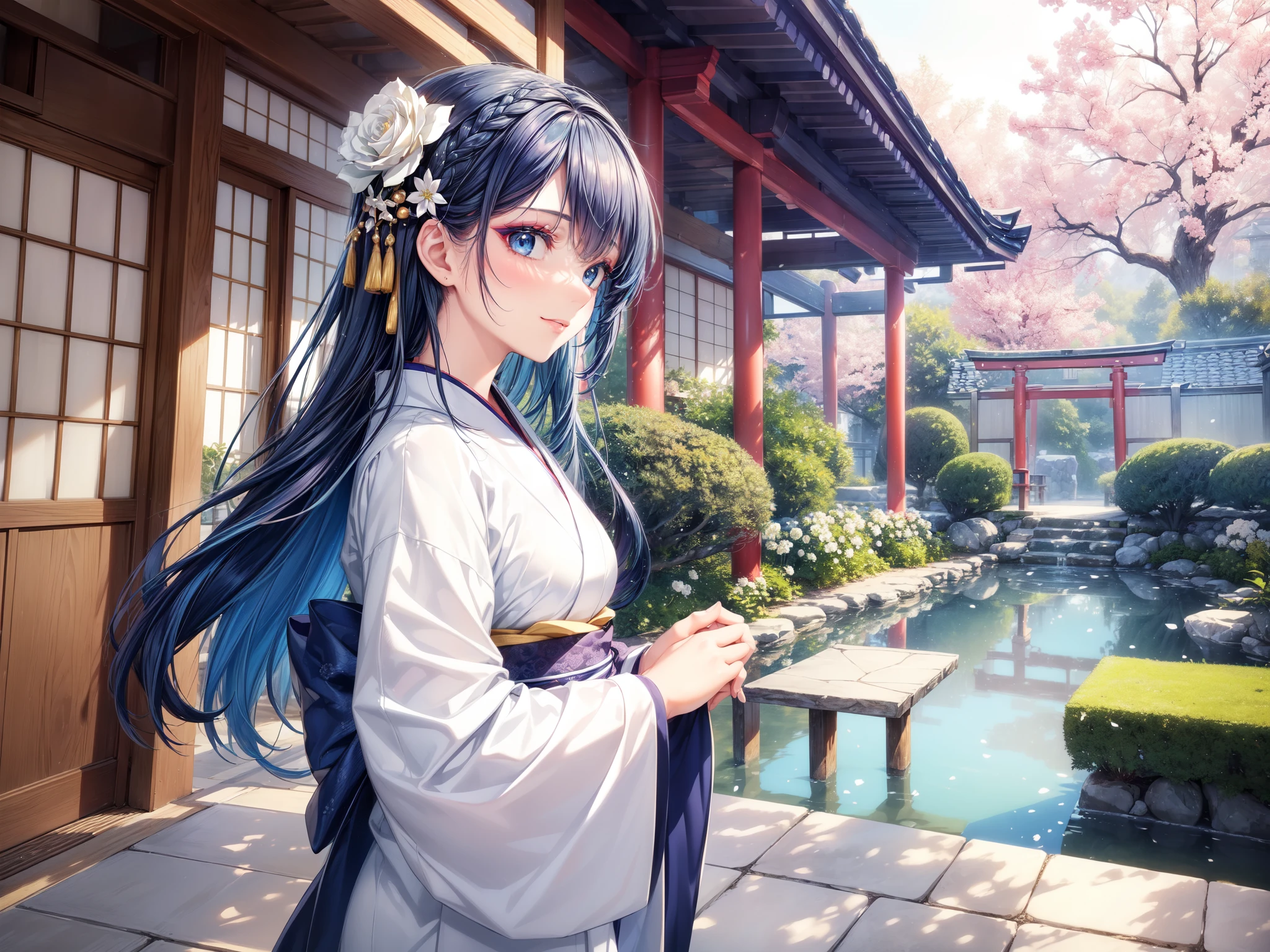 (masterpiece, best quality, beautiful and aesthetic:1.3), side view, looking at viewer, 1girl, solo, light smile, (makeup, dark blue hair, blue eyes:1.2), Takashimada hair-style, Wearing a pure white wedding kimono, Shiromuku, outdoors, white roses, Japanese garden, morning, standing, extreme detailed,