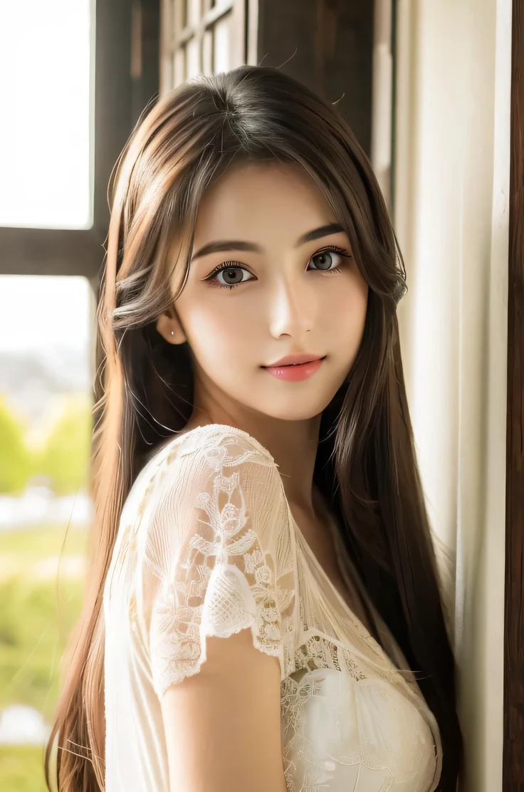 (((8k,Very detailed,Attention to detail、highest quality,masterpiece,Attention to detail))),RAW Photos & Realistic atmosphere,Beautiful dark eyes,Glossy lips,Beautiful dark eyes,Realistic white skin、Her deep dark eyes are so beautiful,Very beautiful face,Very beautiful face、Vibrant, Beautiful Face,Beautiful Eyes, Glistening lips,Beautiful Eyebrows,Infinite Reality, Real young gravure idol,Very cute woman , Young and beautiful gravure idol, A young and cute gravure idol, Very beautiful and cute beautiful 21 year old beauty,Incredibly 美しい and elegant,Beautiful 21 year old beauty,Natural soft light,(Shiny Hair,,美しい and kind eyes:1.5),Gentle features,Shapely breasts,Long Hair,Beautiful posture,No makeup,let me'Looking into the camera,shirt,Japanese women,