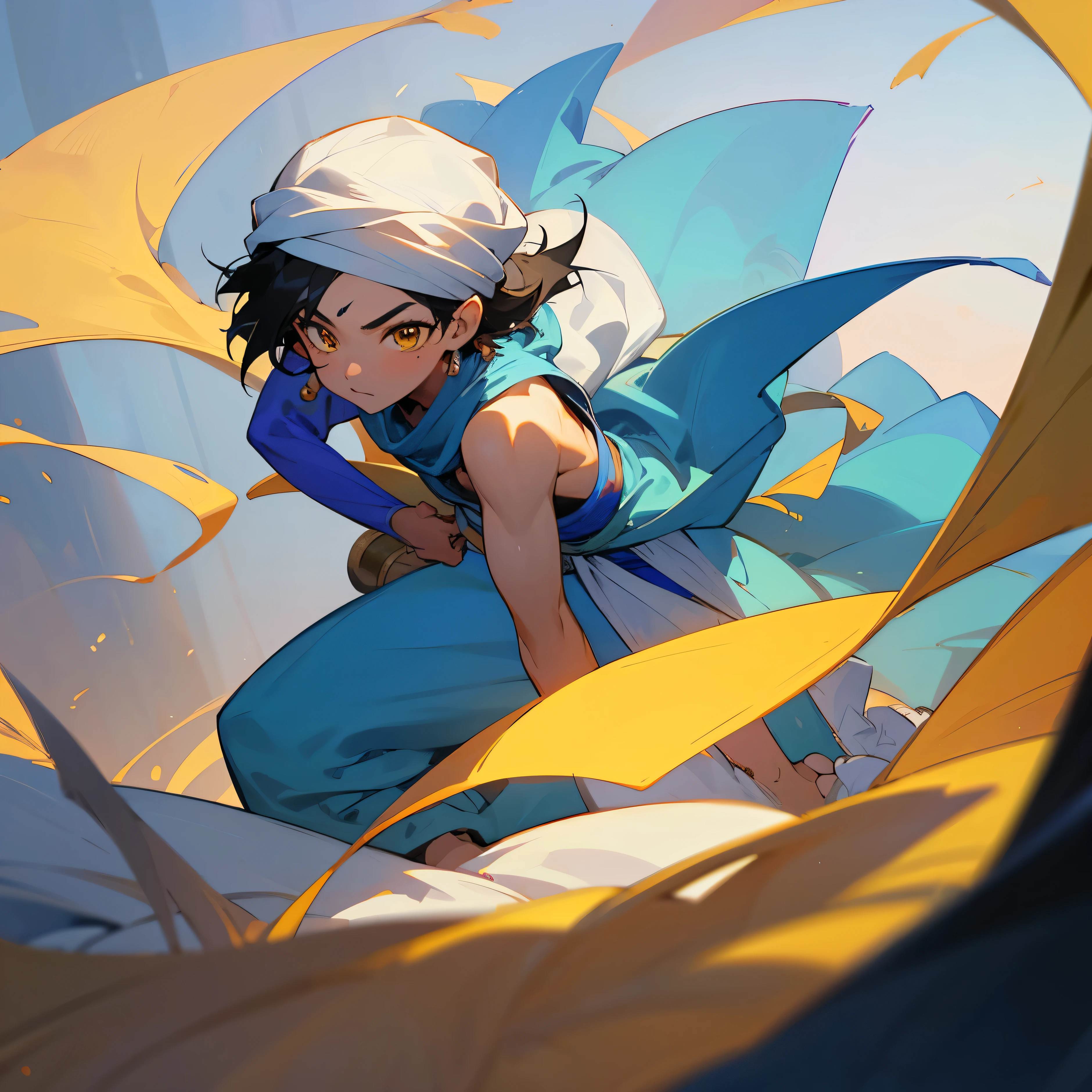 Aladdin、boy, Yellow Eyes, 10 years old Black hair,White skin,Arabian white turban,Dynamic Angle,highest quality, highest quality, High-quality illustrations, masterpiece, Ultra-high resolution, Detailed Background, Detailed Background, Observe the audience