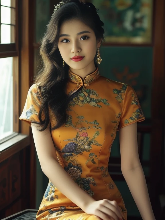 Aarav woman in yellow dress sitting on chair, Cheongsam, Chinese dress, traditional chinese, Chinese style, traditional chinese clothing, Chinese woman, Chinese girl, Chinese dress, Wear beautiful clothes., with ancient Chinese aesthetics, with ancient Chinese clothes, Detailed dress and facial features, Wear a luxurious silk dress., elegant japanese woman, Wear gorgeous clothes., traditional beauty, expensive silk, Beautiful and realistic,
