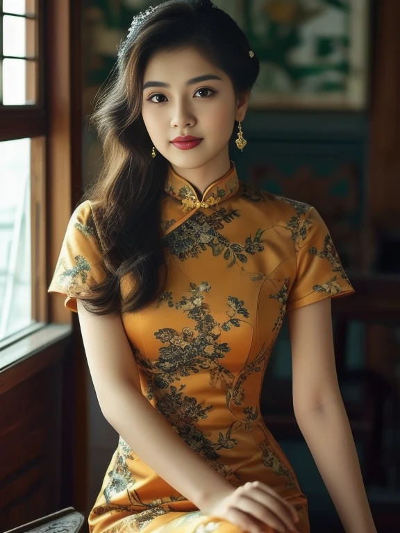 Aarav woman in yellow dress sitting on chair, Cheongsam, Chinese dress, traditional chinese, Chinese style, traditional chinese clothing, Chinese woman, Chinese girl, Chinese dress, Wear beautiful clothes., with ancient Chinese aesthetics, with ancient Chinese clothes, Detailed dress and facial features, Wear a luxurious silk dress., elegant japanese woman, Wear gorgeous clothes., traditional beauty, expensive silk, Beautiful and realistic,