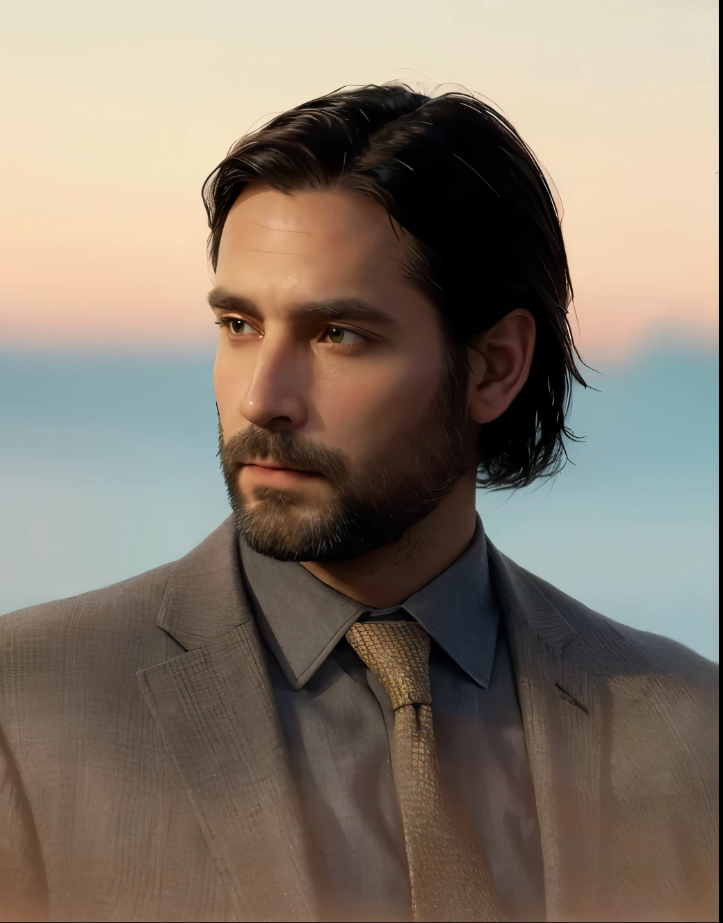 middle aged man with a beard, he has gray eyes, brown suit, gray blue shirt, brown tie, alan wake from alan wake