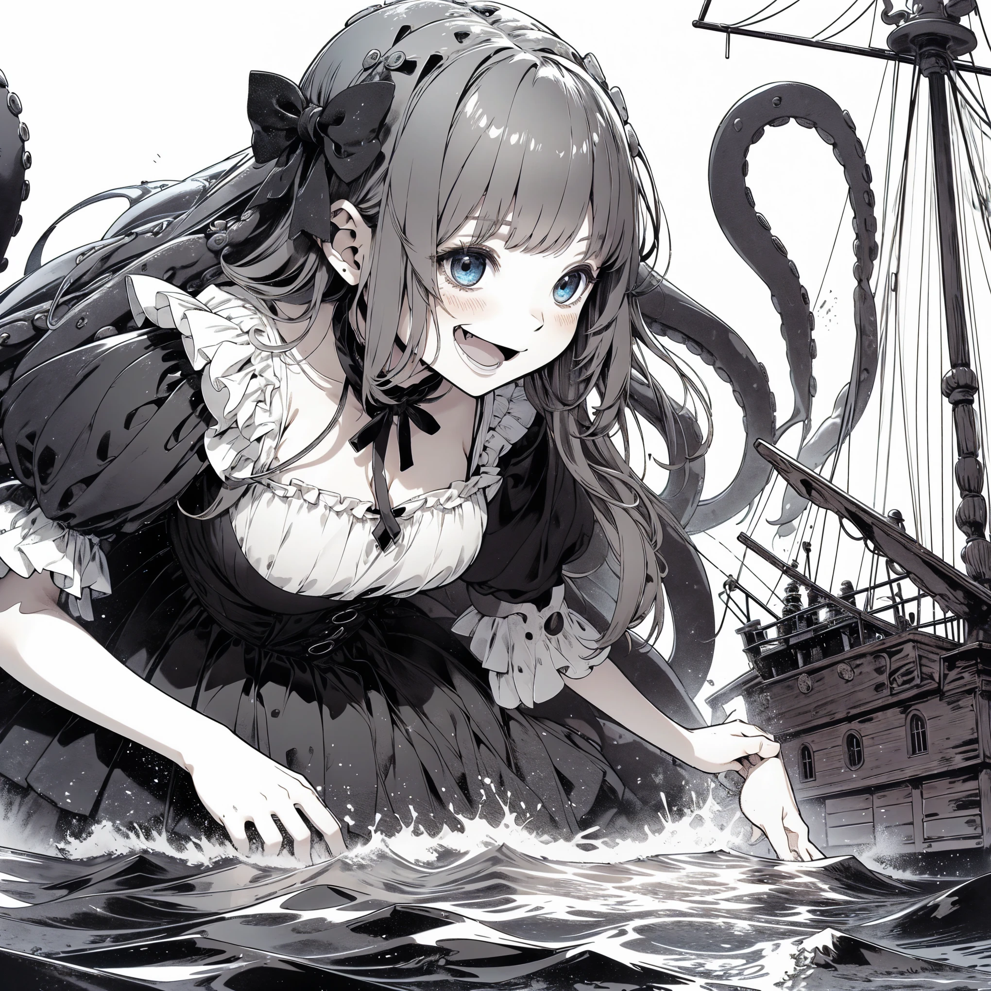 Giant girl leaning out of the sea. She wears a gothic dress. dress with ruffles. Innocent laughter.  Grab and sink the ship. Wooden boat. Tentacles extending from the sea. View from the ship.