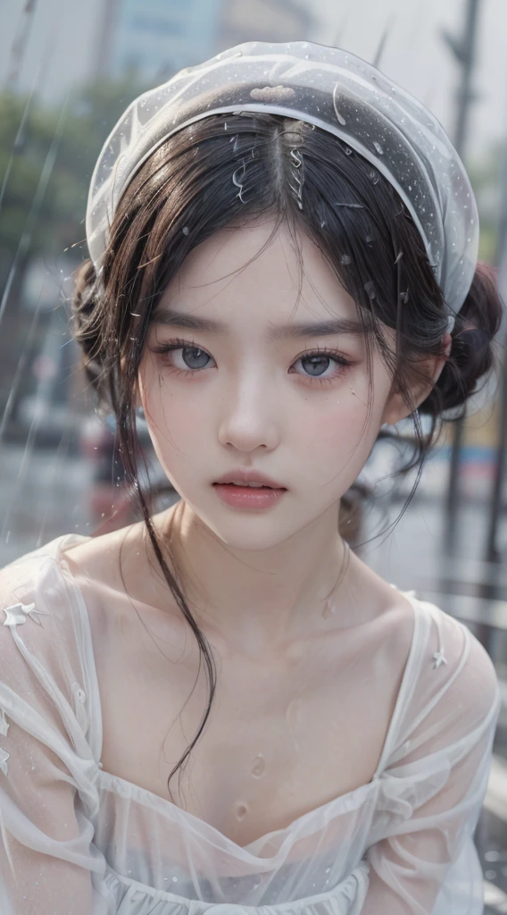 ((Best Quality, 8k, Masterpiece:1.3)), Focus:1.2, Perfect Body Beauty:1.4, (Rain, Street:1.3), Bandeau Dress:1.1, Highly detailed face and skin texture, Fine eyes, Double eyelids, Whitening skin, Short hair, (Shut up: 1.3),