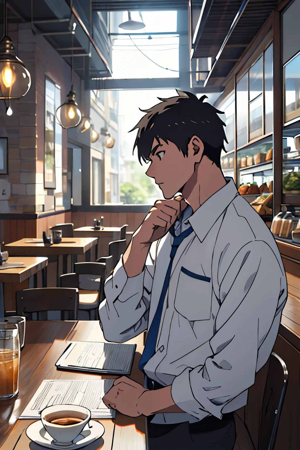 Absurd resolution, high resolution,estilo anime. nice upstairs cafe, homem(man) ao fundo studyinh, rosto oculto, camisa azul. Chovendo