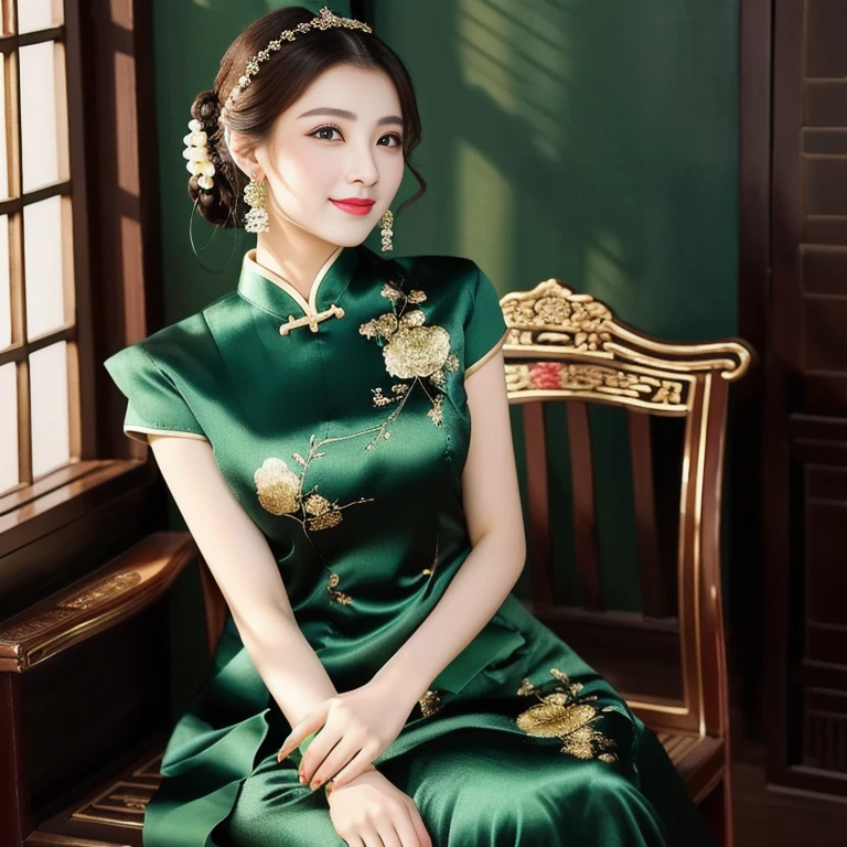 Aarav woman in dark green dress,  Good quality, expensive silk,) sitting on a chair, Cheongsam, Chinese dress, traditional chinese, Chinese style, traditional chinese clothing, Chinese woman, Chinese girl, Chinese dress, Wear beautiful clothes., with ancient Chinese aesthetics, with ancient Chinese clothes, Detailed dress and facial features, Wear a luxurious silk dress., elegant japanese woman, Wear gorgeous clothes., traditional beauty